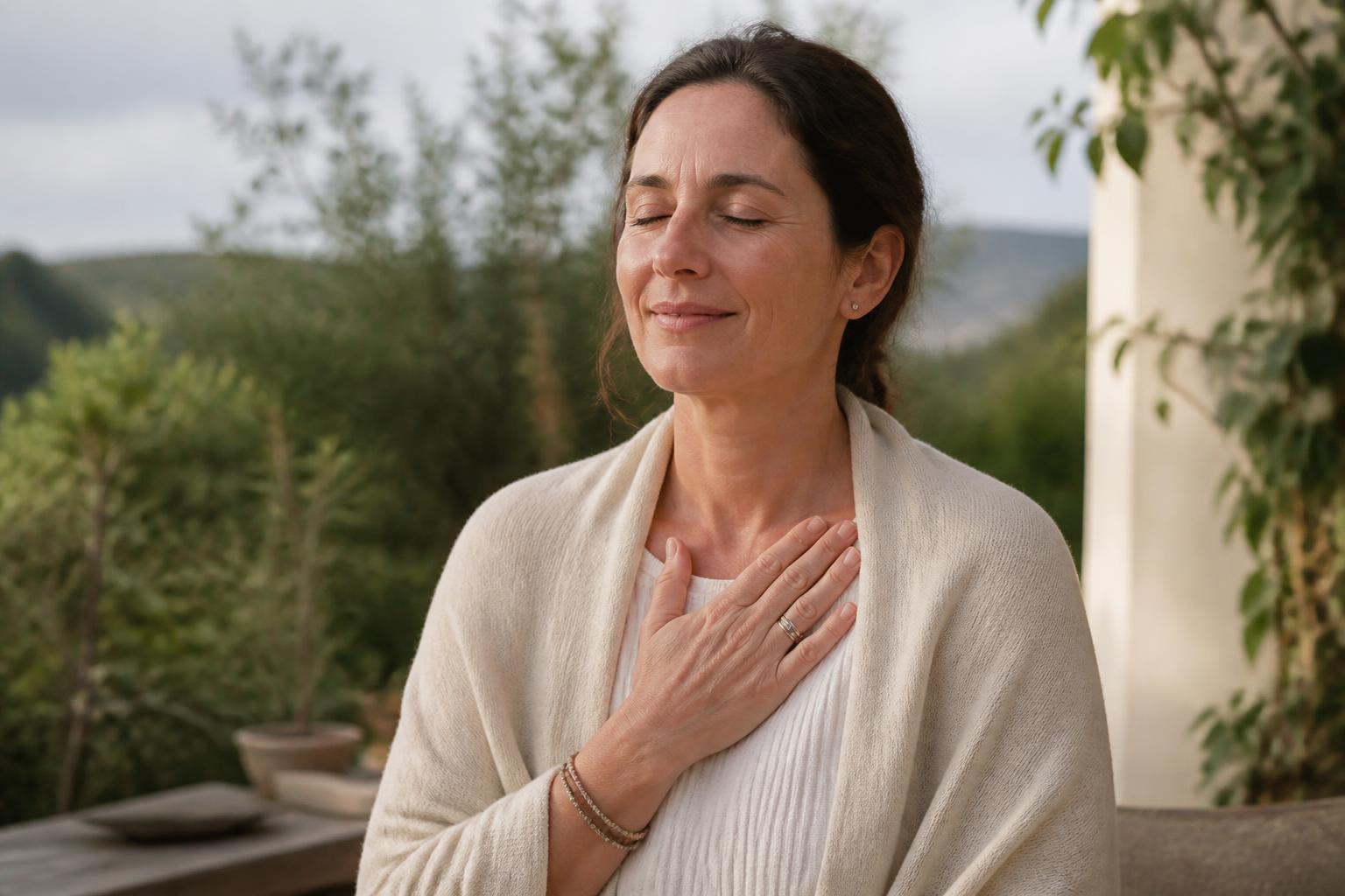 A woman in peaceful reflection outdoors