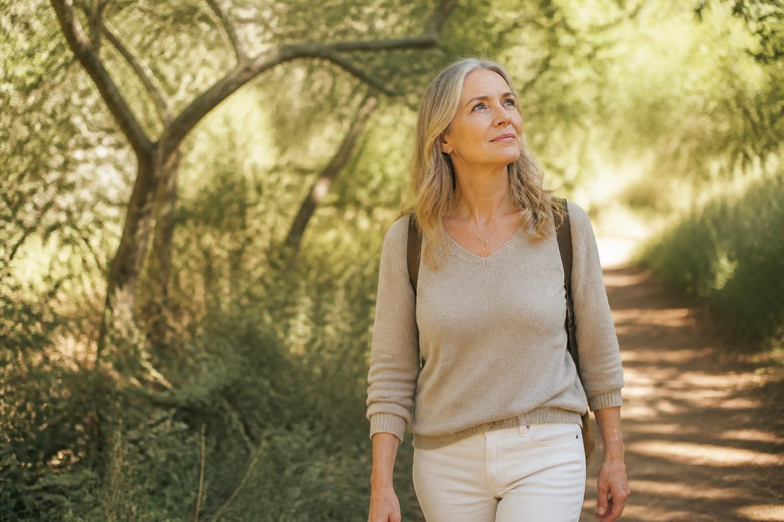 A woman walking a sunlit nature path, calm and reflective